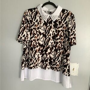 Stud-Detail Leopard Print Layered Blouse - White/Brown